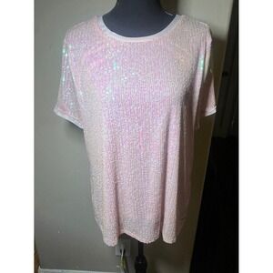 Anne Klein Pink Sequin Sleeveless Blouse Round Neck Evening Top Women Size L